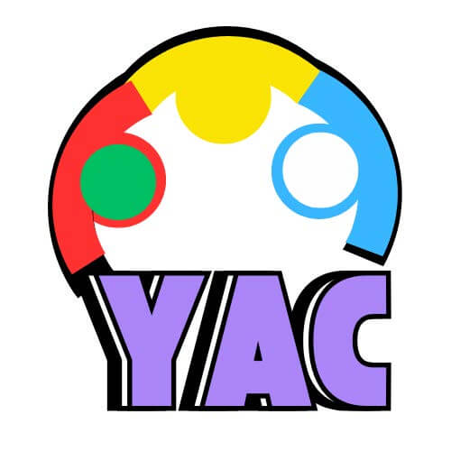 Purple Block Letters "YAC" with three arching peers holding hands in bright colors above it.